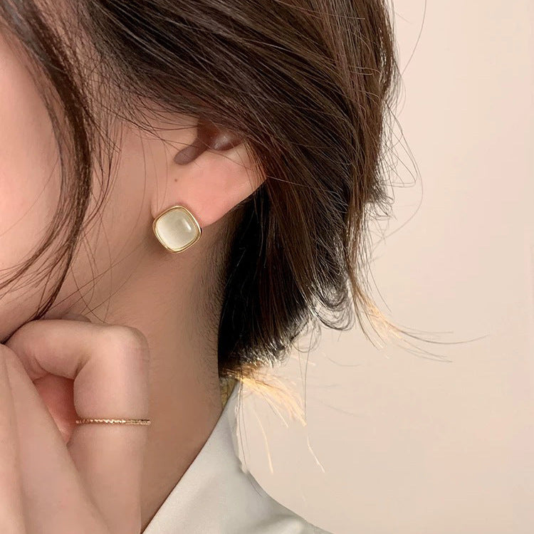 S925 sterling silver imitation cat eye stone square earrings - golden
