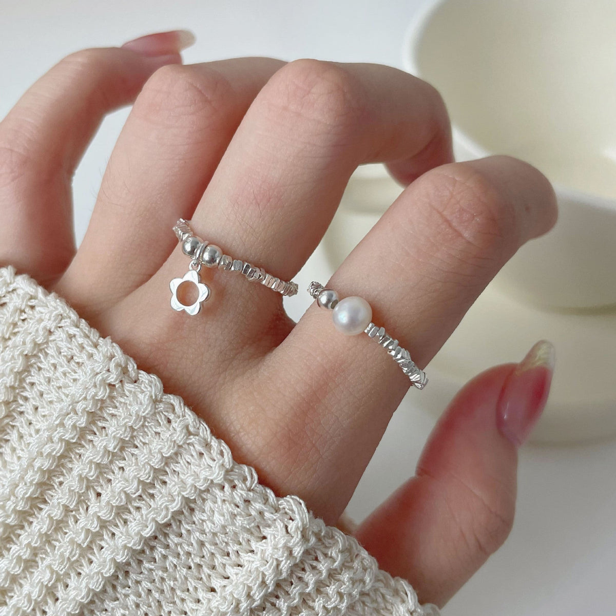 925 sterling silver elastic rope ring - silvery