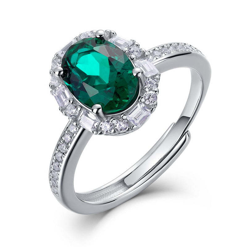 S925 Silver Adjustable Open Ring Set with Lab-Grown Colored Gemstone and Moissanite
