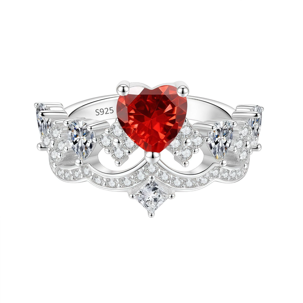 S925 Silver Heart and Crown Ring with Colorful Moissanite