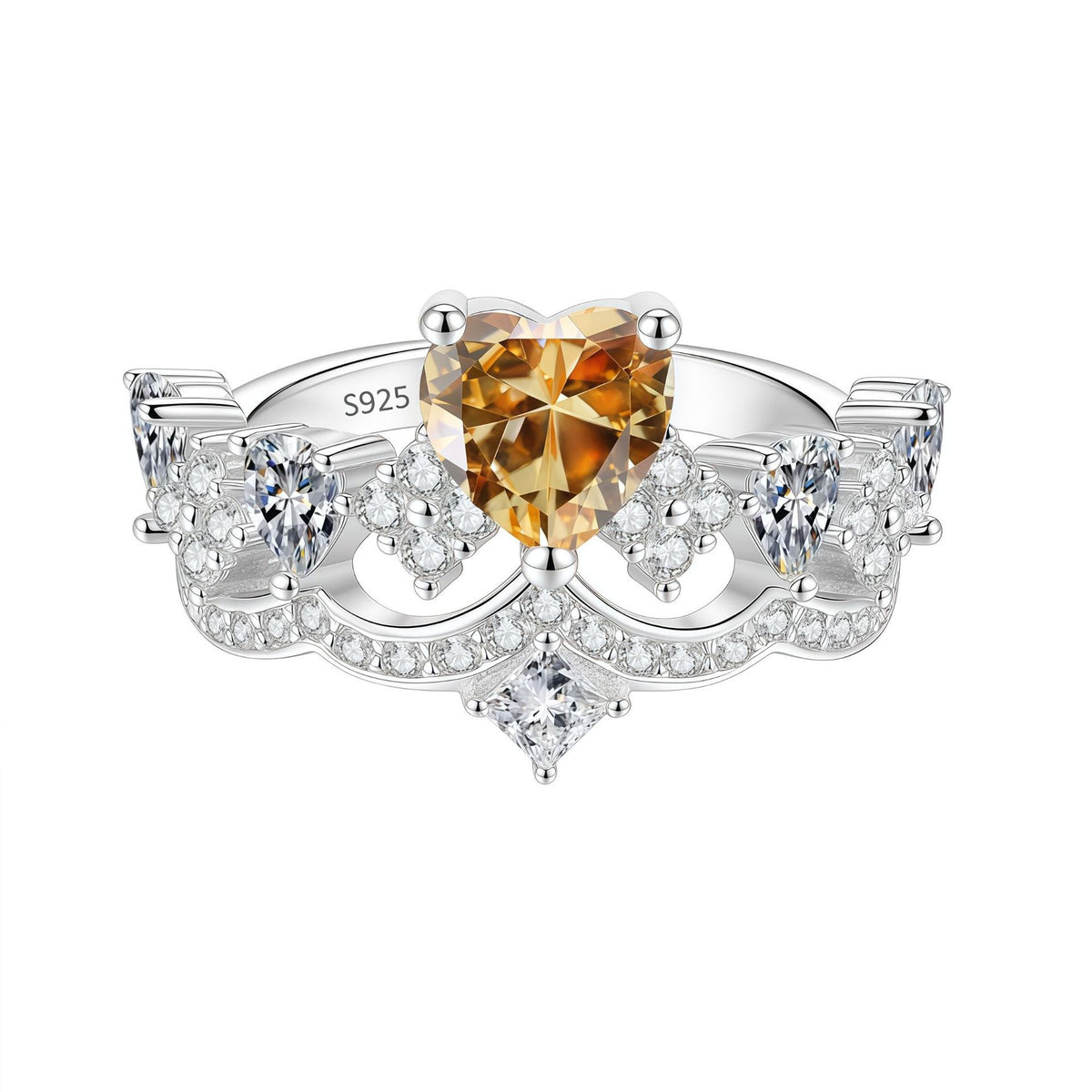 S925 Silver Heart and Crown Ring with Colorful Moissanite