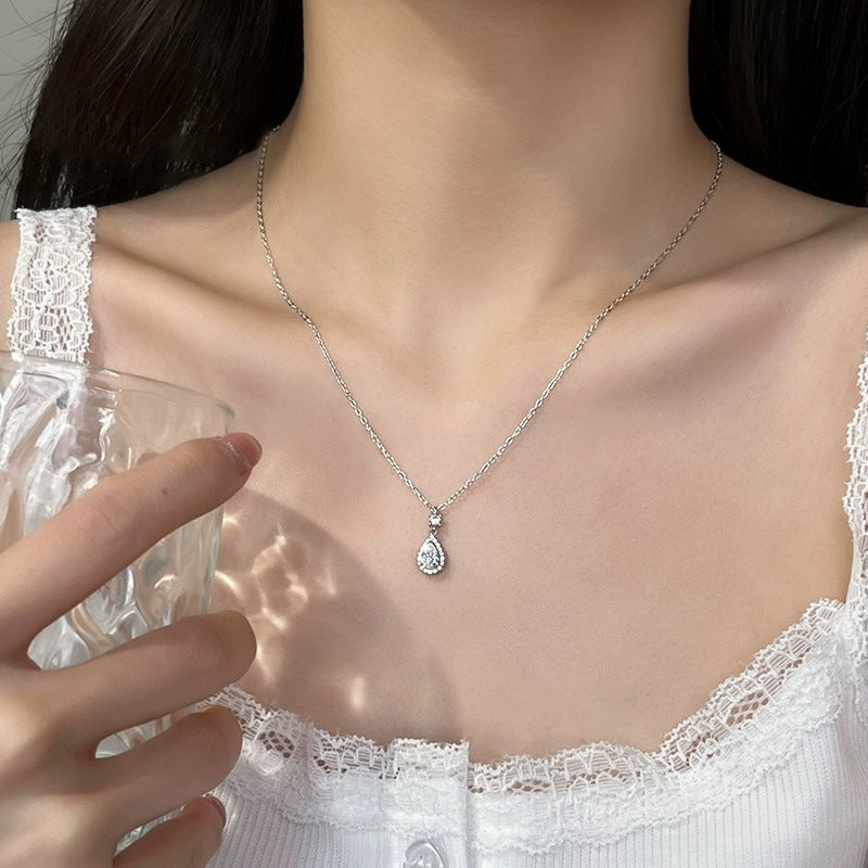  925 sterling silver water drop zircon pendant necklace - silvery