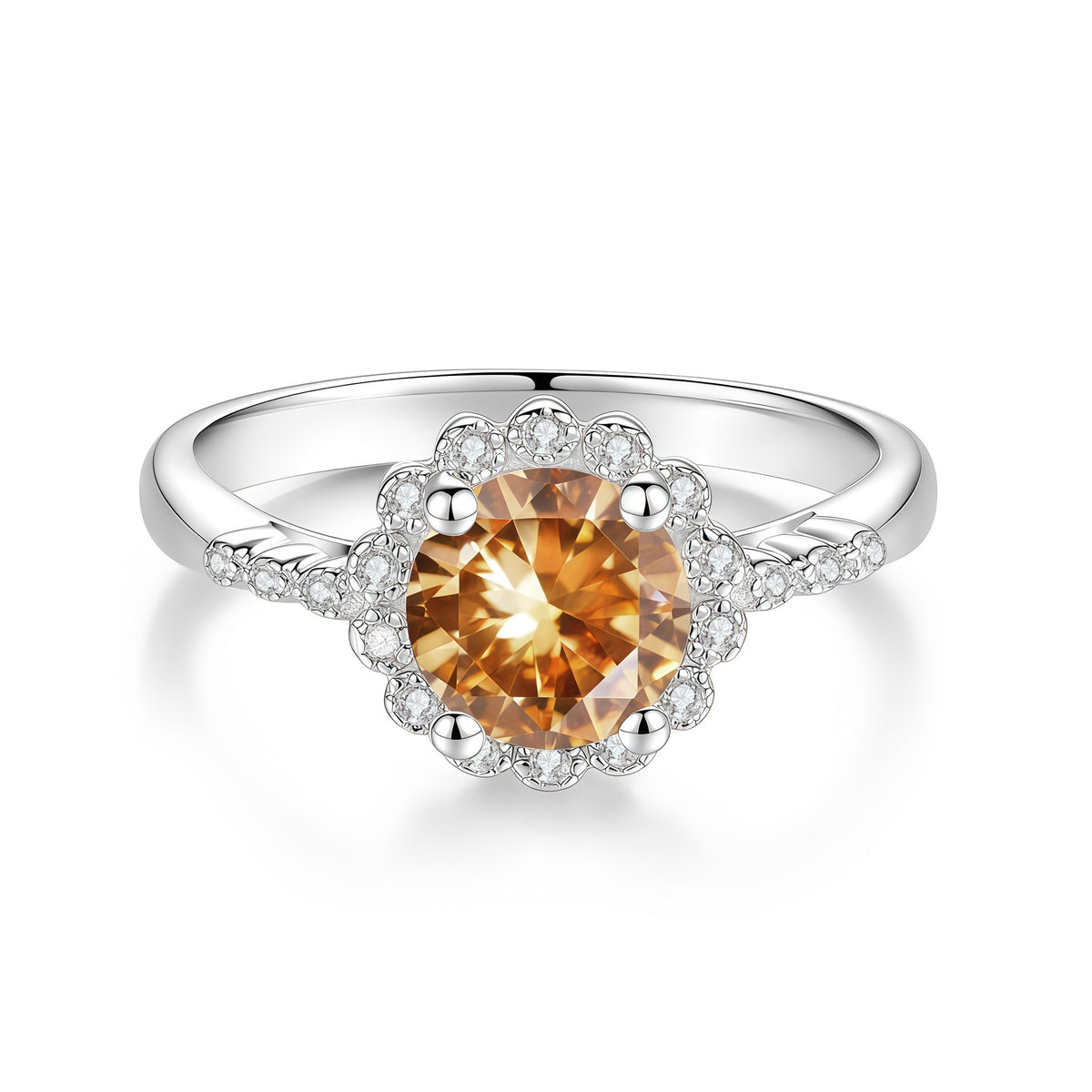 S925 Silver Flower Ring with Colored Moissanite