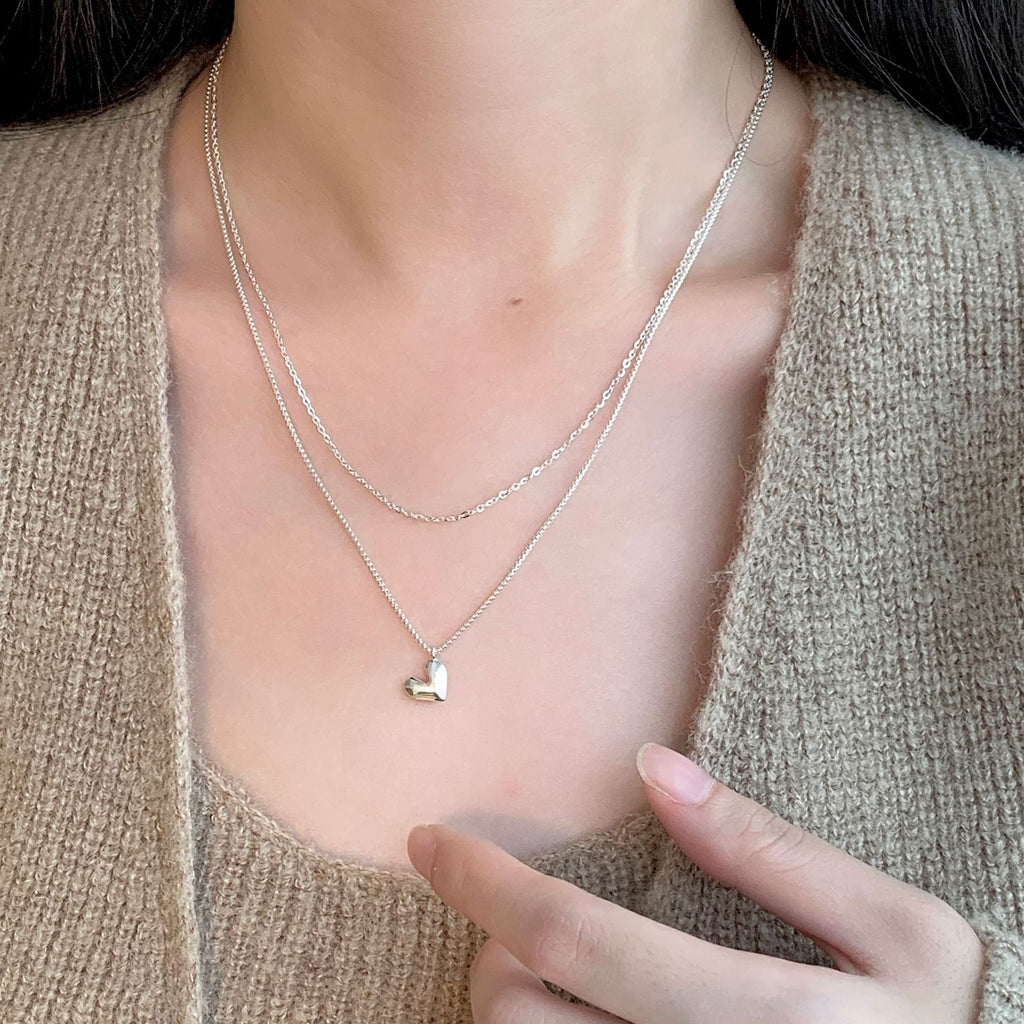 925 sterling silver heart pendant double layered necklace - silvery