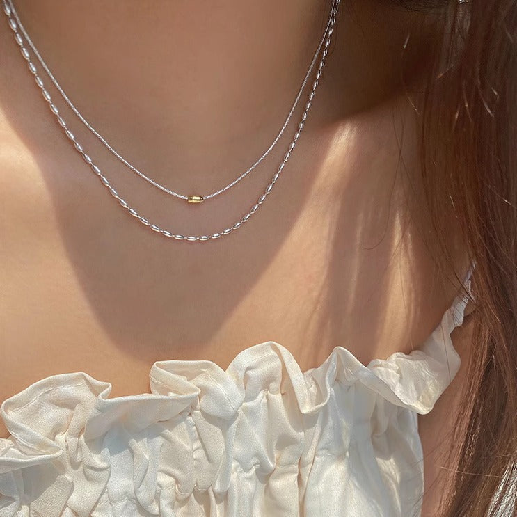 S925 Silver Olive Bead Necklace - Silvery
