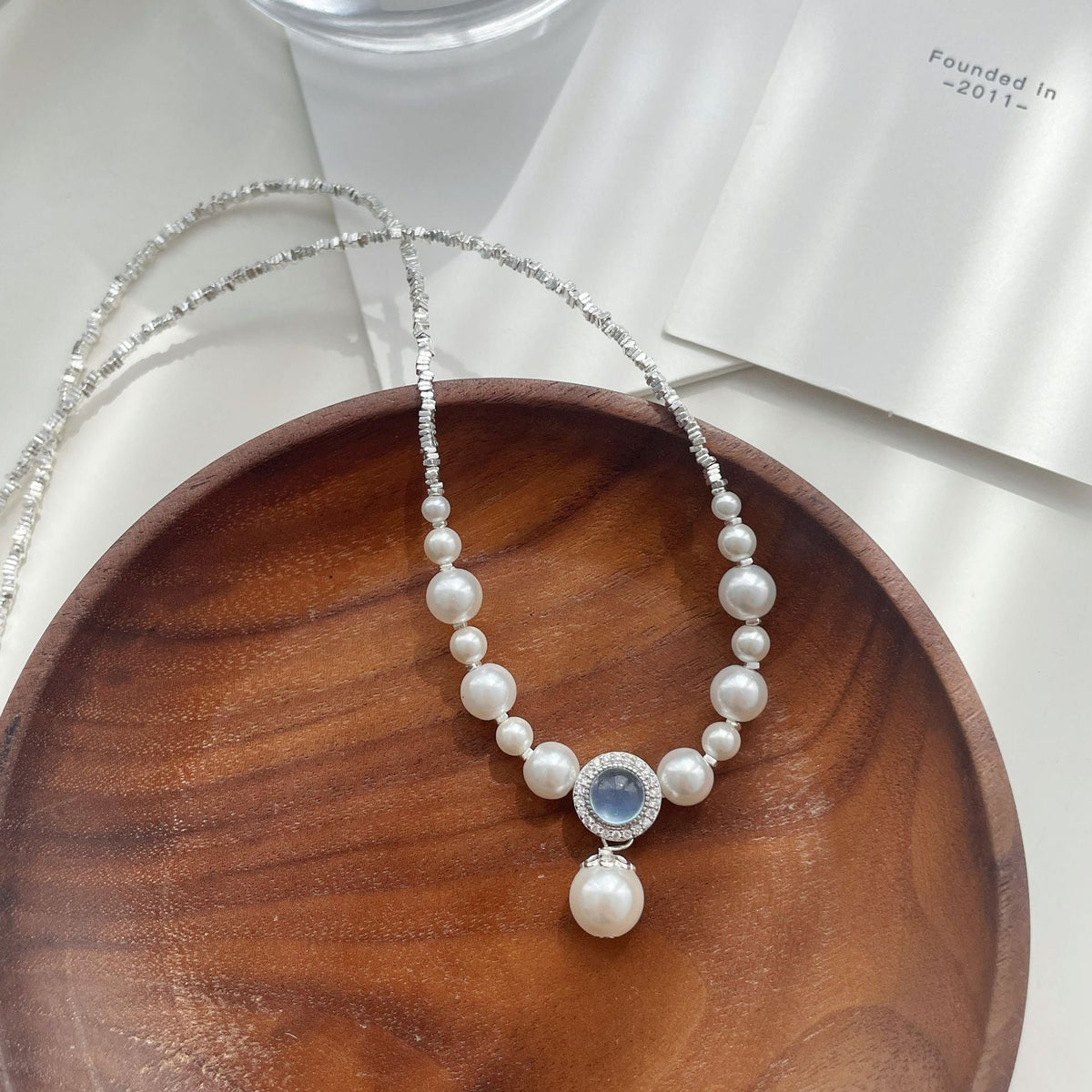 925 sterling silver pearl aquamarine pendant necklace - silver