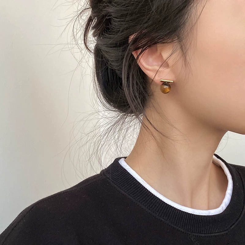S925 sterling silver retro maillard tiger eye stone earrings