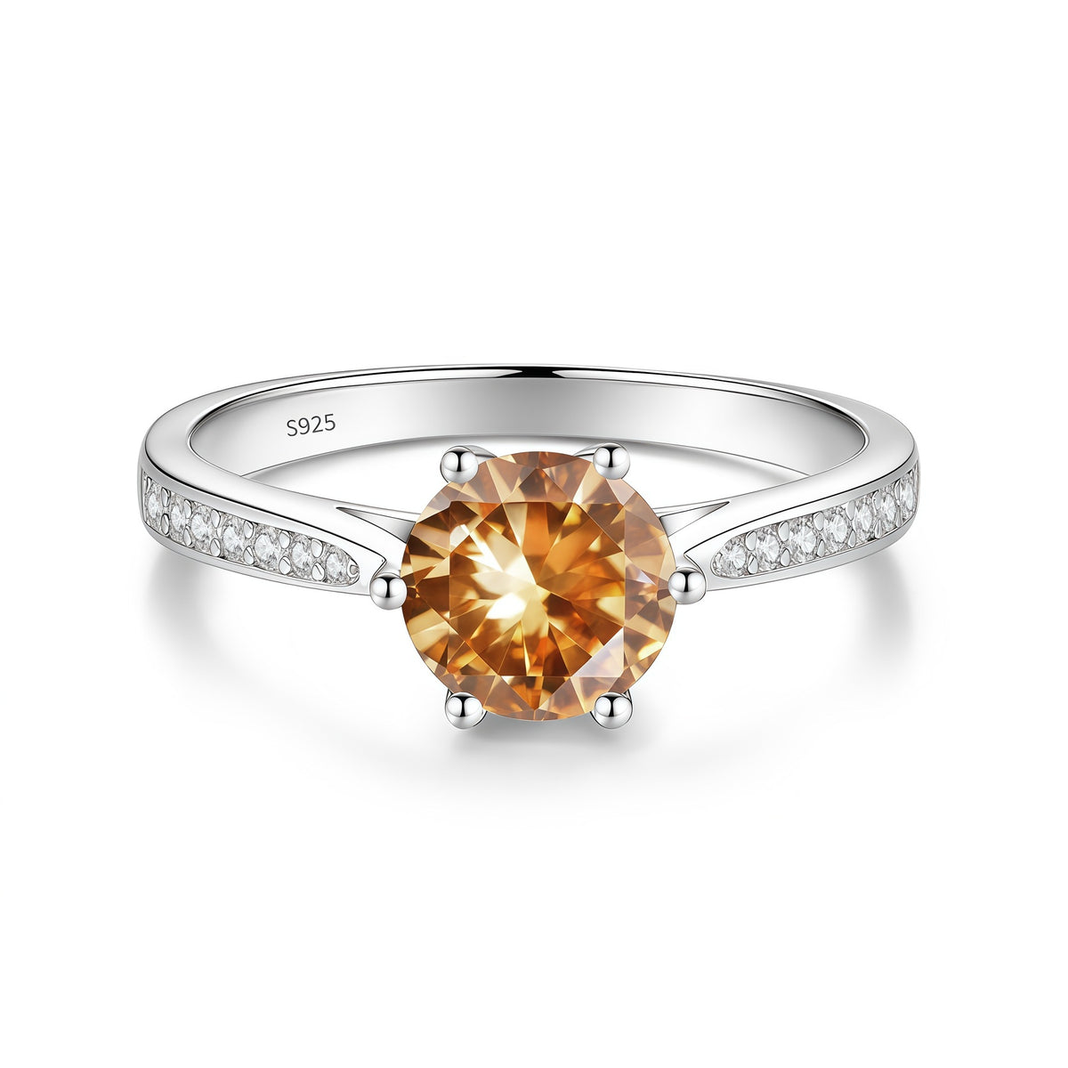 S925 Sterling Silver Six-Prong Round Colored Moissanite Ring