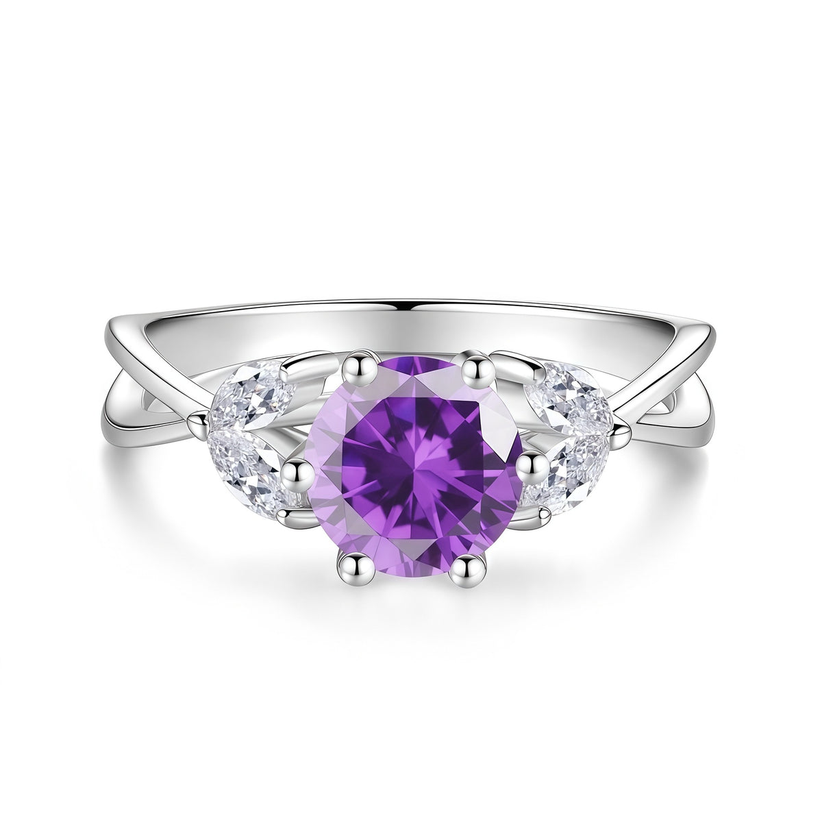 S925 Sterling Silver Six-Prong Round Colored Moissanite Ring