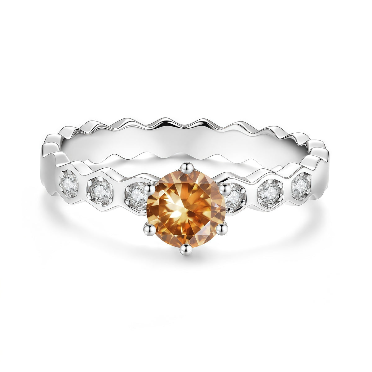 S925 Sterling Silver Moissanite Honeycomb Six-Prong Ring
