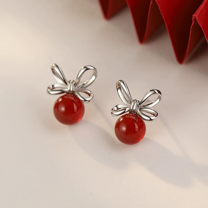 S925 sterling silver red agate bowknot earrings