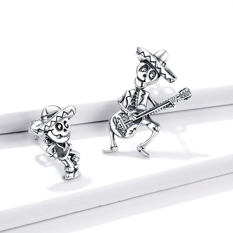 S925 Sterling Silver Quirky Halloween Guitar-Playing Skeleton Stud Earrings