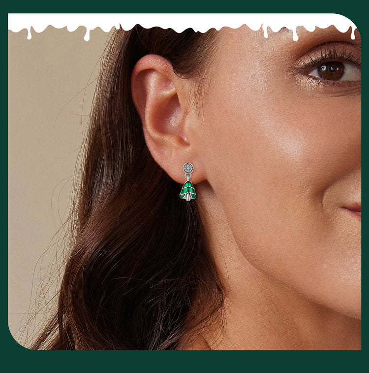 S925 Sterling Silver Green Christmas Tree Stud Earrings