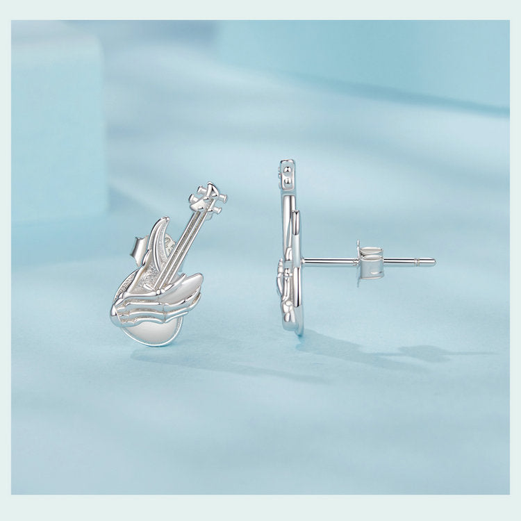 S925 Sterling Silver Halloween Skeleton Hand Bass Stud Earrings
