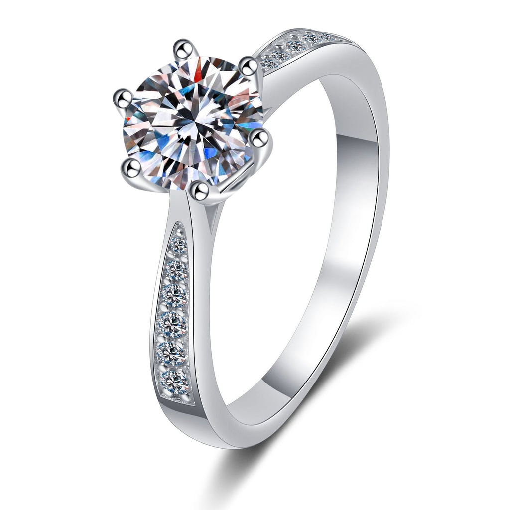 925 Sterling Silver Moissanite Six-Prong Diamond Ring