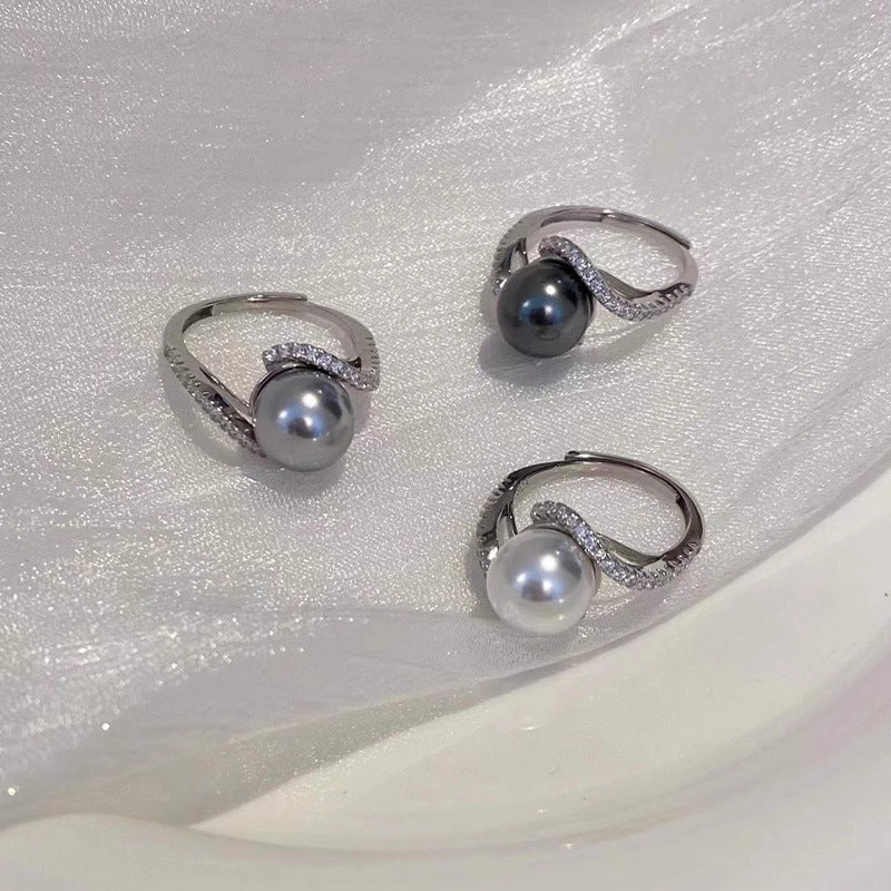 S925 sterling silver imitation pearl with sparkling zirconium ring - silvery