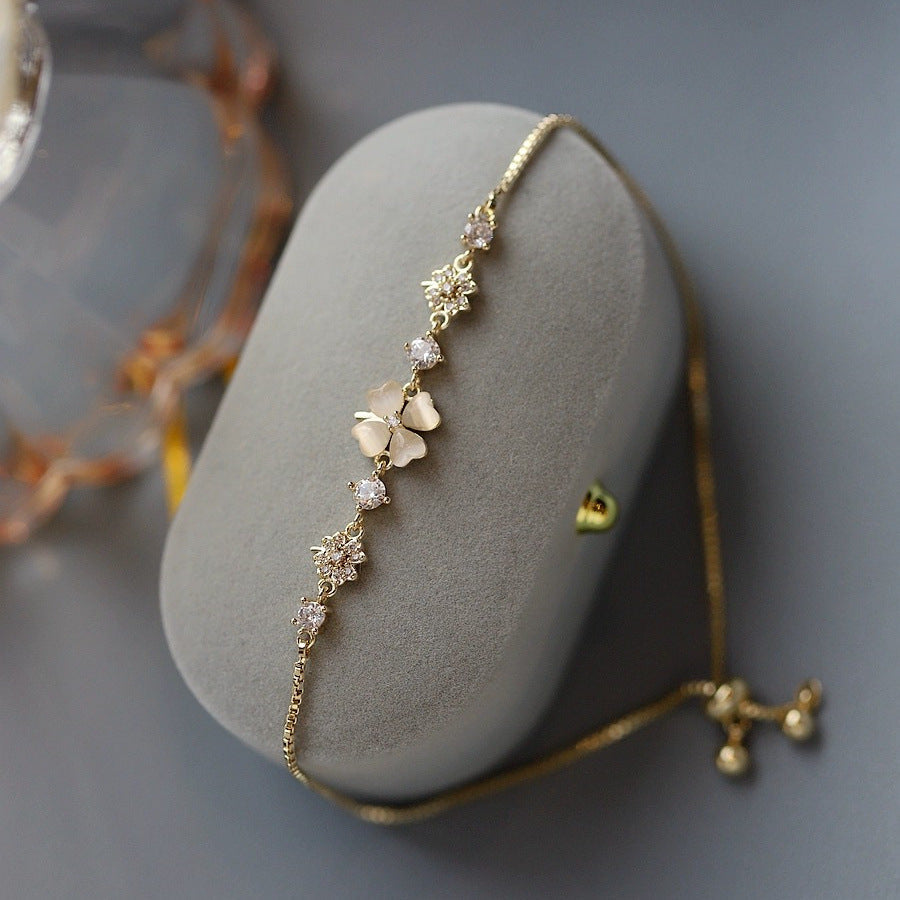 925 sterling silver four-leaf clover bracelet - champagne golden