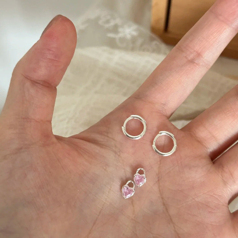 S925 Silver Pink Sparkling Zirconia Heart Earrings - Silvery