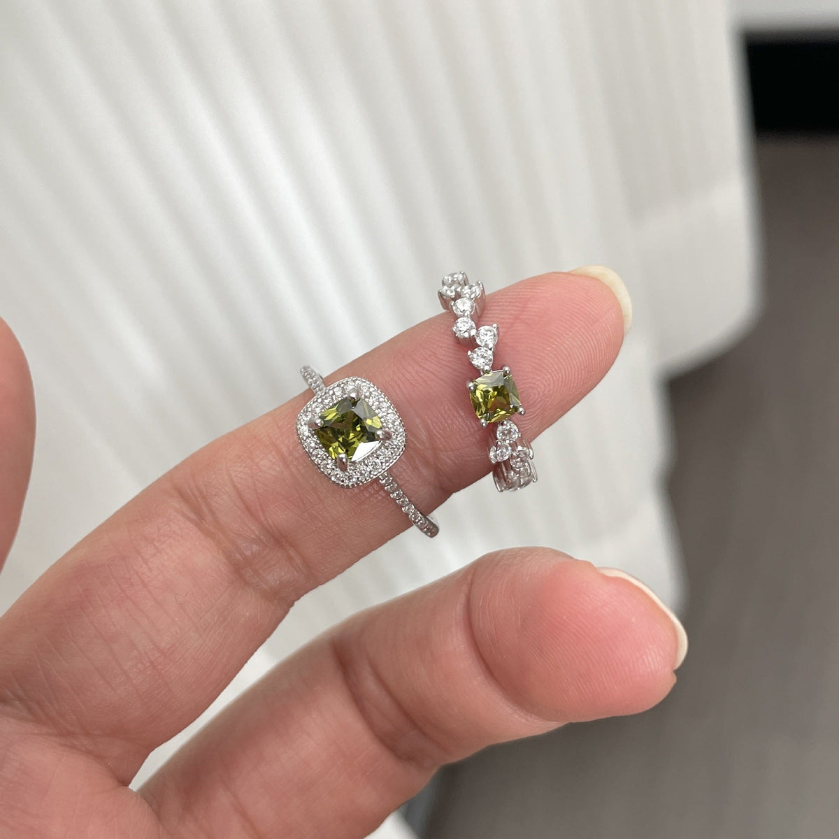 S925 pure silver olive green square zircon ring