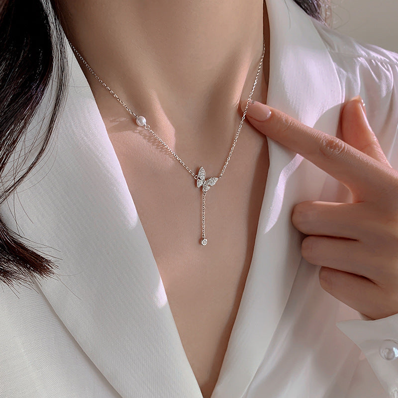  925 sterling silver butterfly tassel pendant necklace