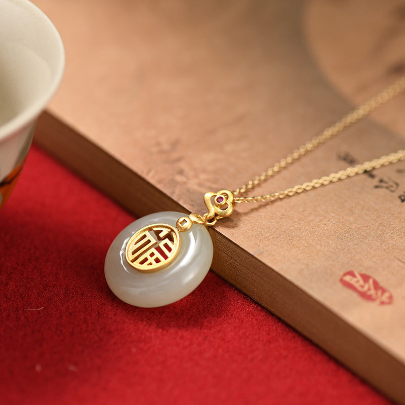 925 Sterling Silver Hotan Jade Pendant Necklace - Golden