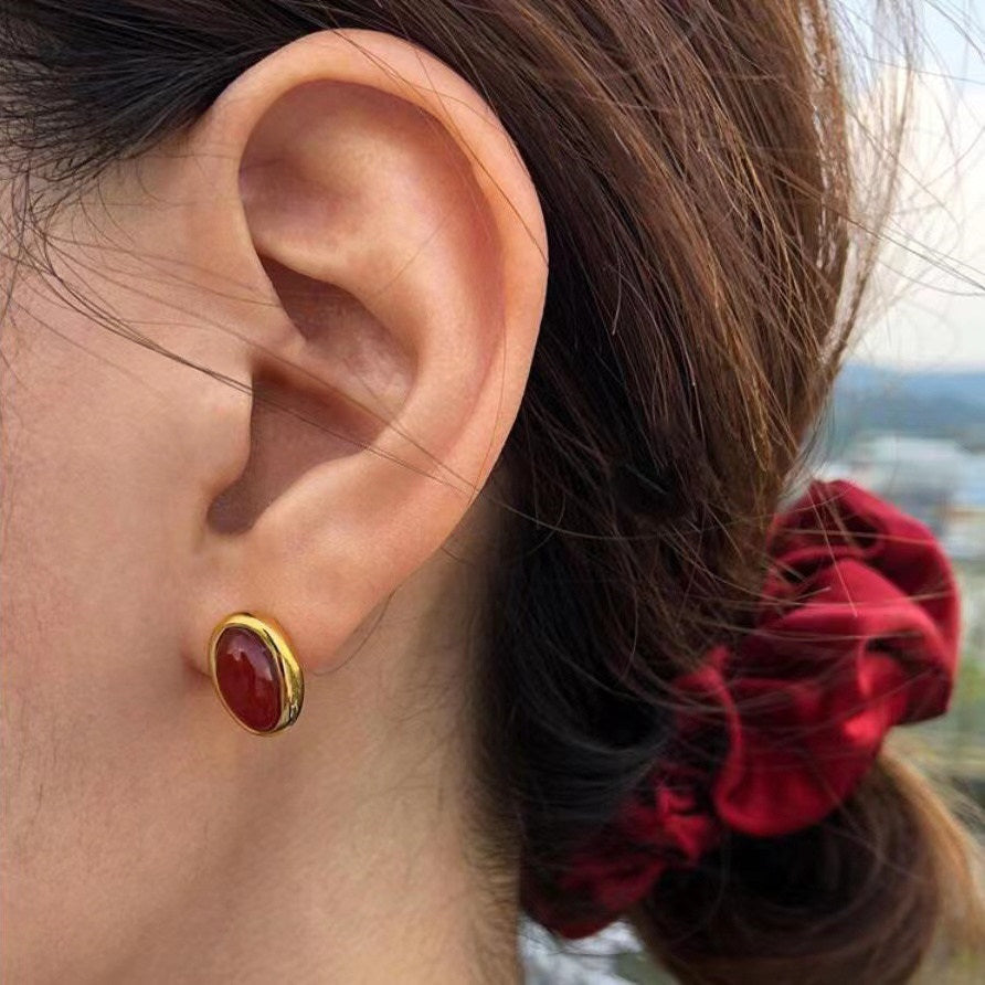 925 sterling silver red agate earrings - golden