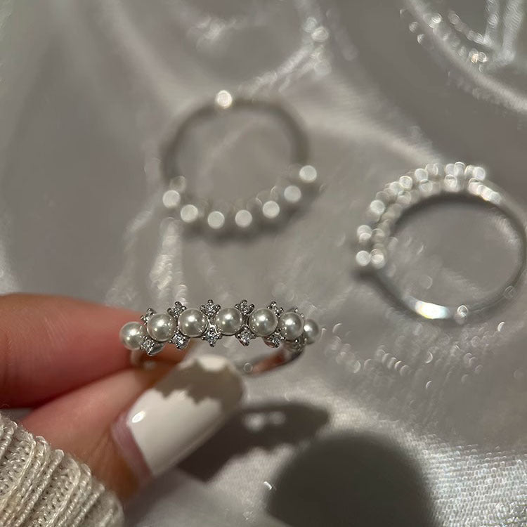 S925 sterling silver sparkling zirconium imitation pearl ring - silvery