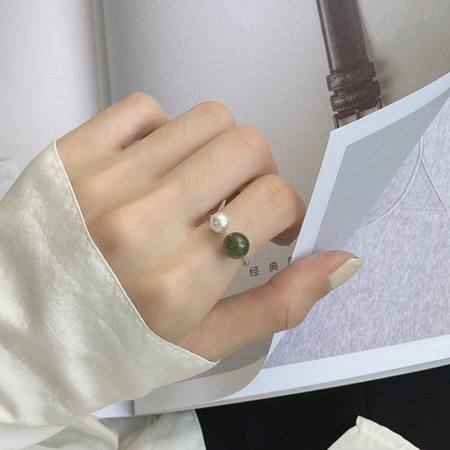 925 Silver Hetian Jade Pearl Open Ring - Silvery