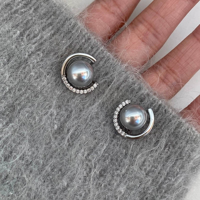 S925 sterling silver grey pearl earrings - silvery