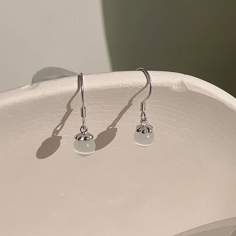 S925 sterling silver cat eye stone pendant earrings - silvery