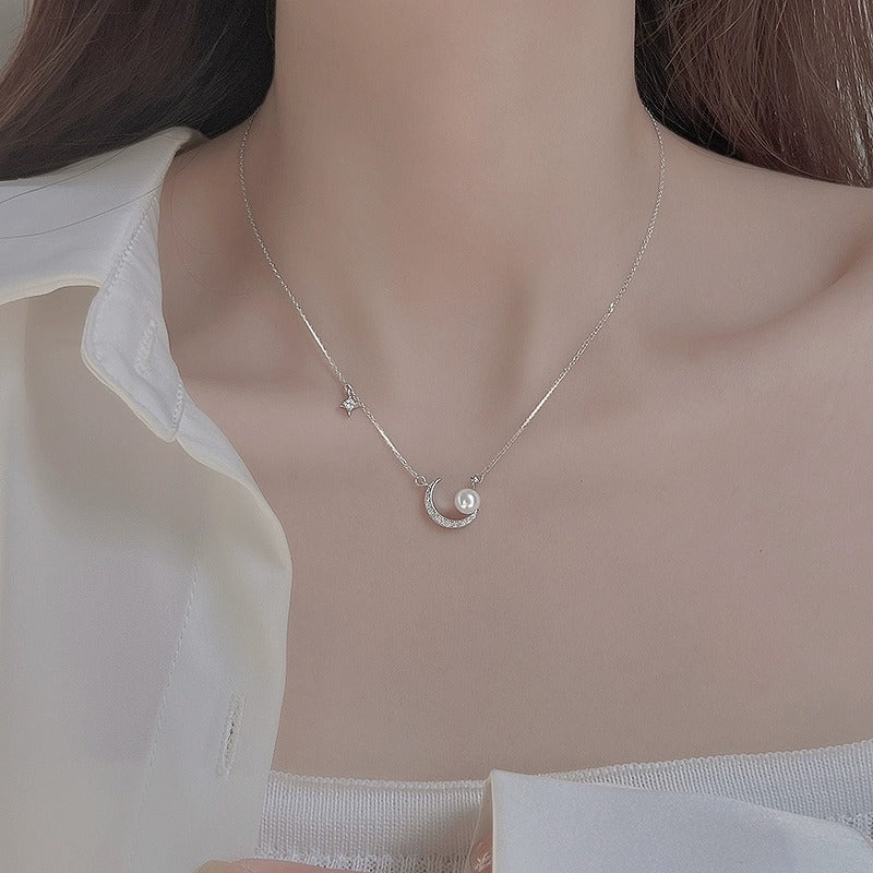 925 sterling silver moon pendant necklace - silvery