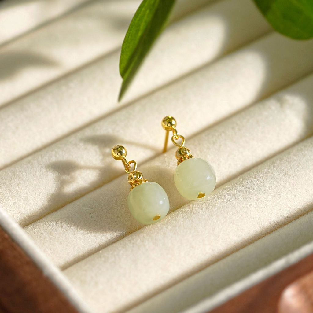 925 Sterling Silver Hotan Jade Earrings - Golden