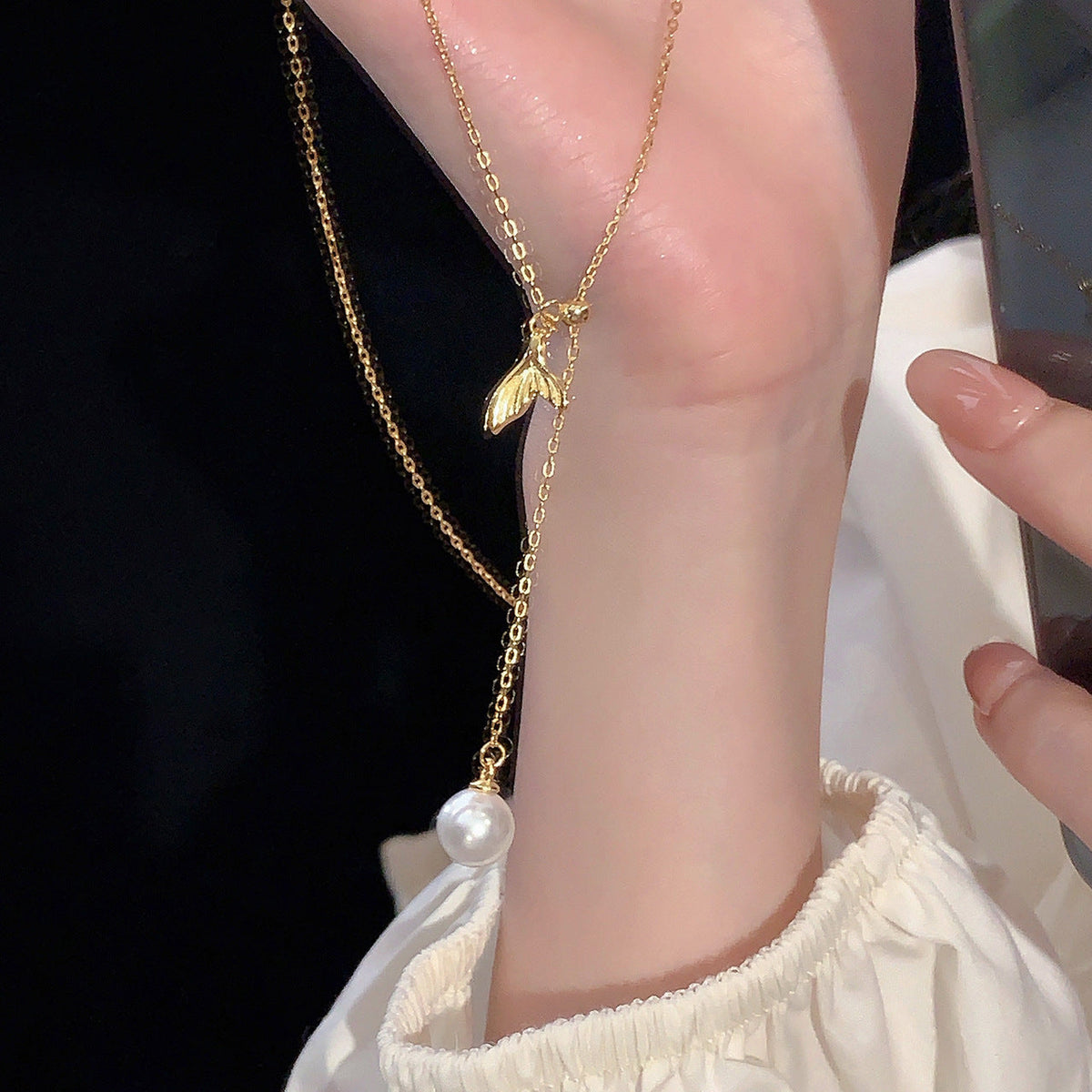925 sterling silver fish tail pendant necklace - golden