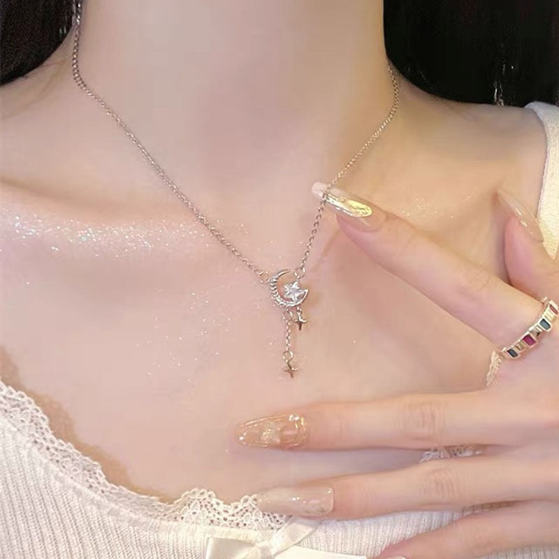 S925 sterling silver star and moon pendant necklace - silvery