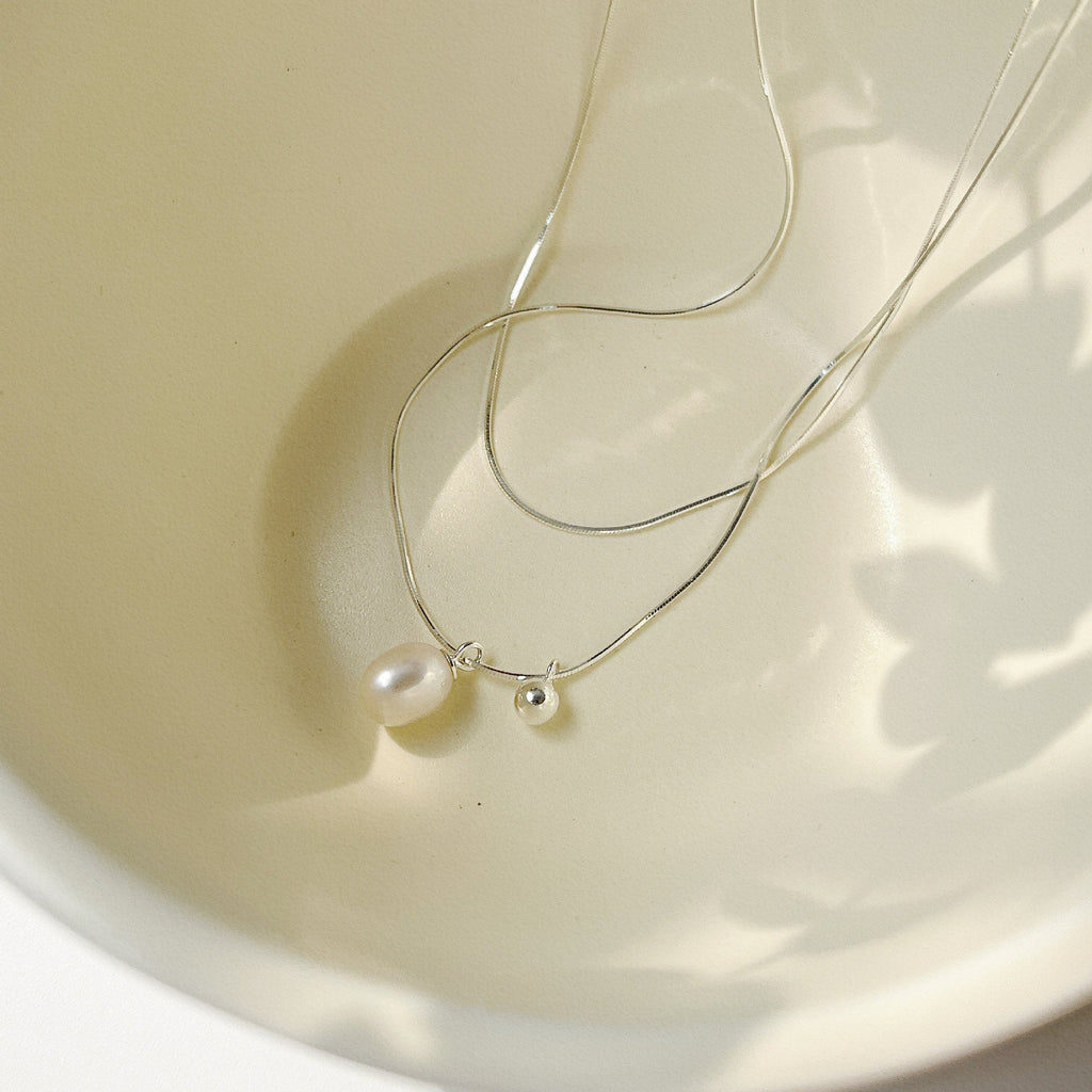 925 sterling silver freshwater pearl double layered necklace - silvery