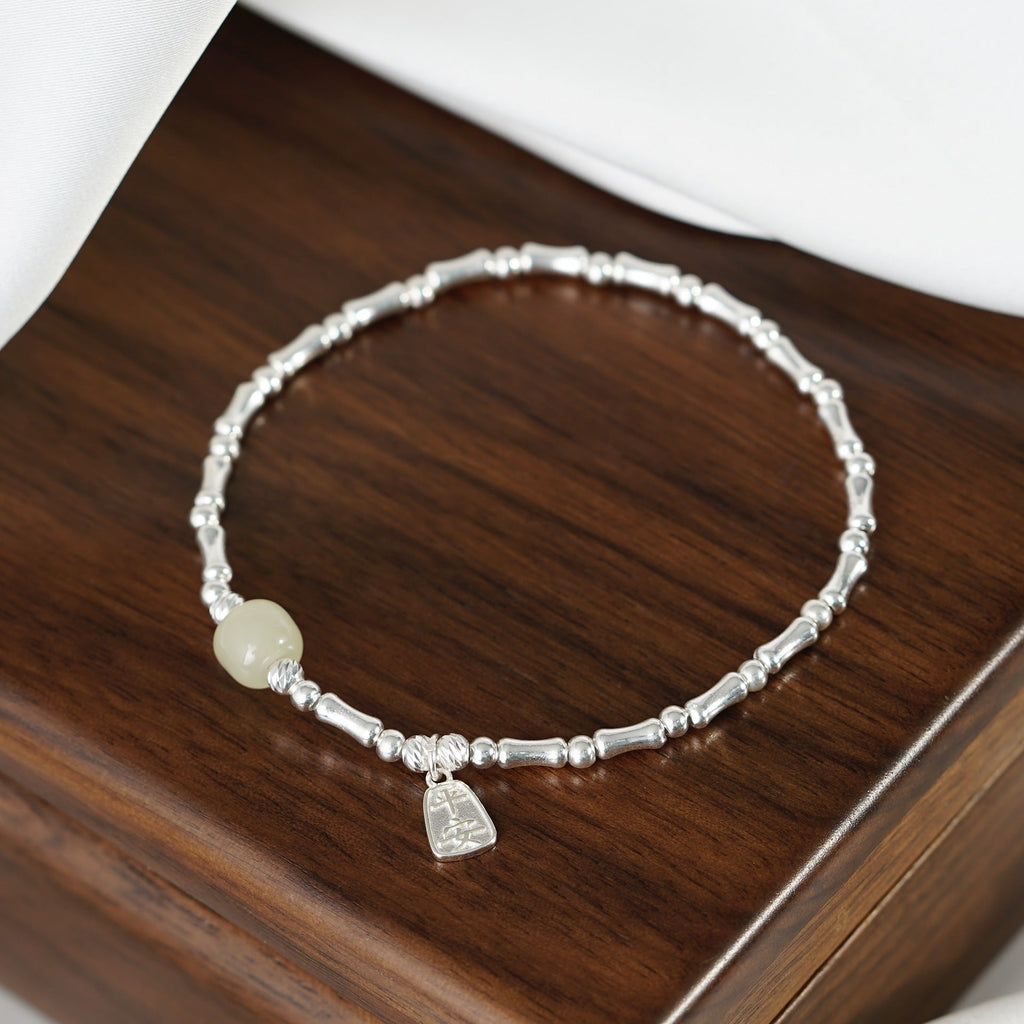 925 Sterling Silver Hetian Jade Bamboo Festival Bracelet - Silvery