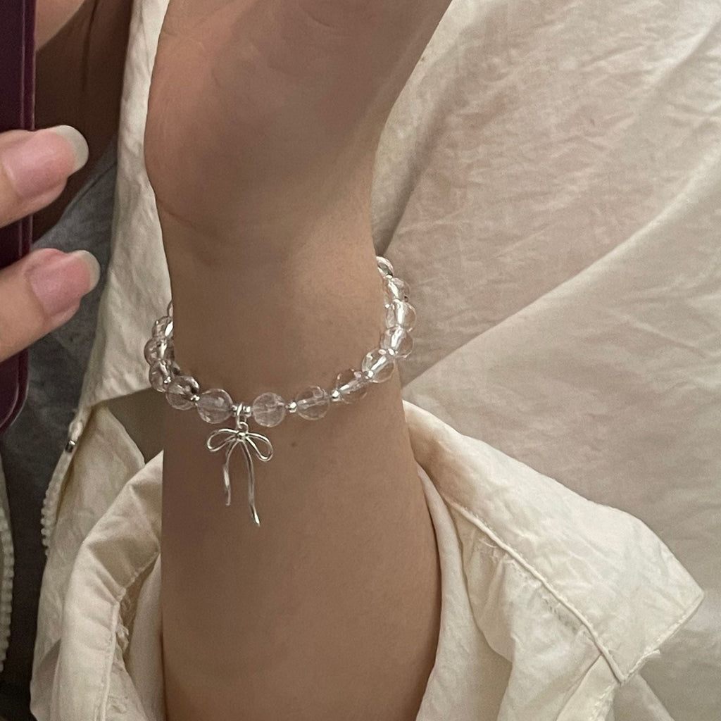 S925 sterling silver white crystal bow pendant bracelet