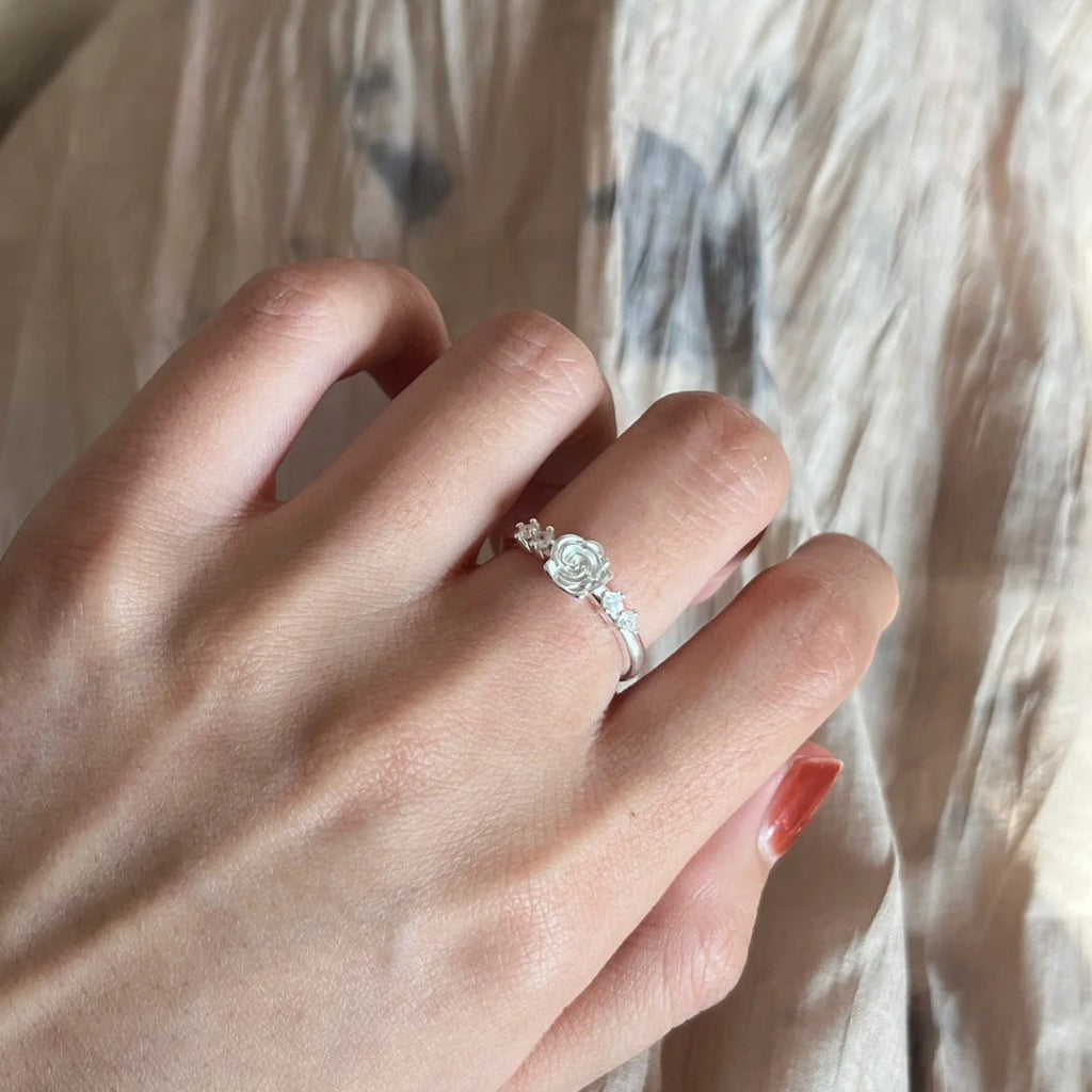 S925 Pure Silver Camellia Ring - Silvery