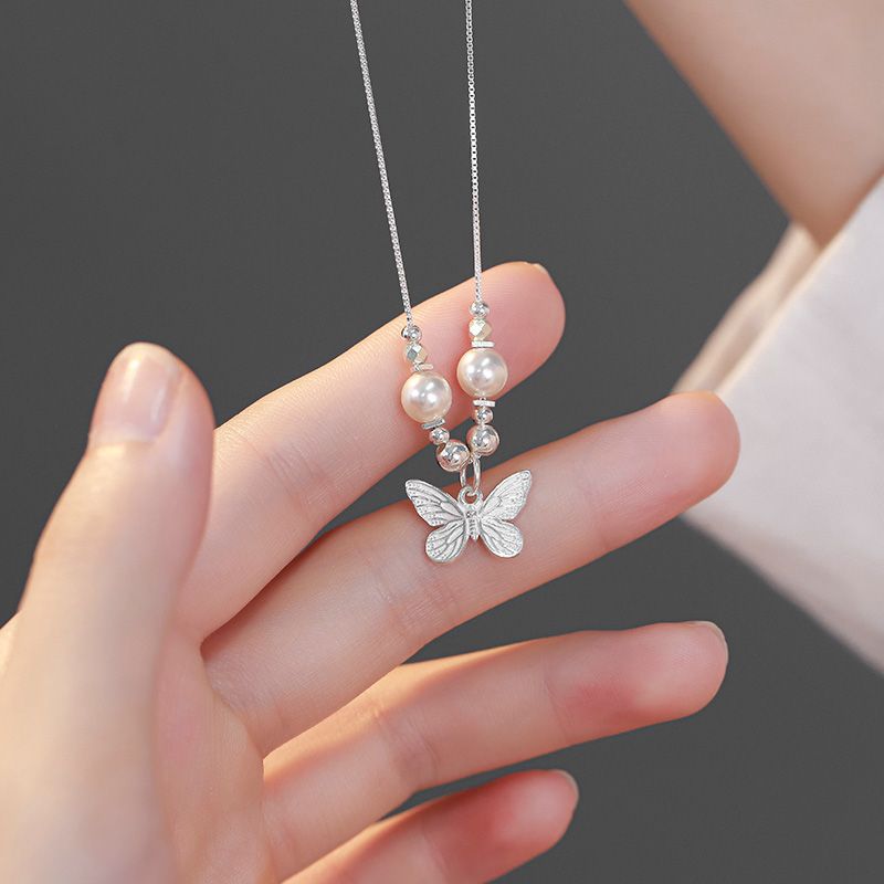 925 sterling silver butterfly pendant necklace - silvery