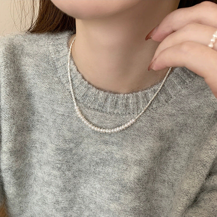925 sterling silver broken silver freshwater pearl bead necklace - silvery