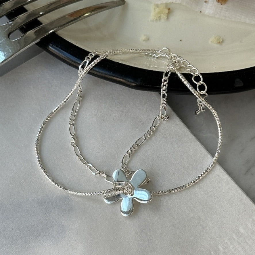 925 sterling silver flower shaped pendant double-layer bracelet - silvery