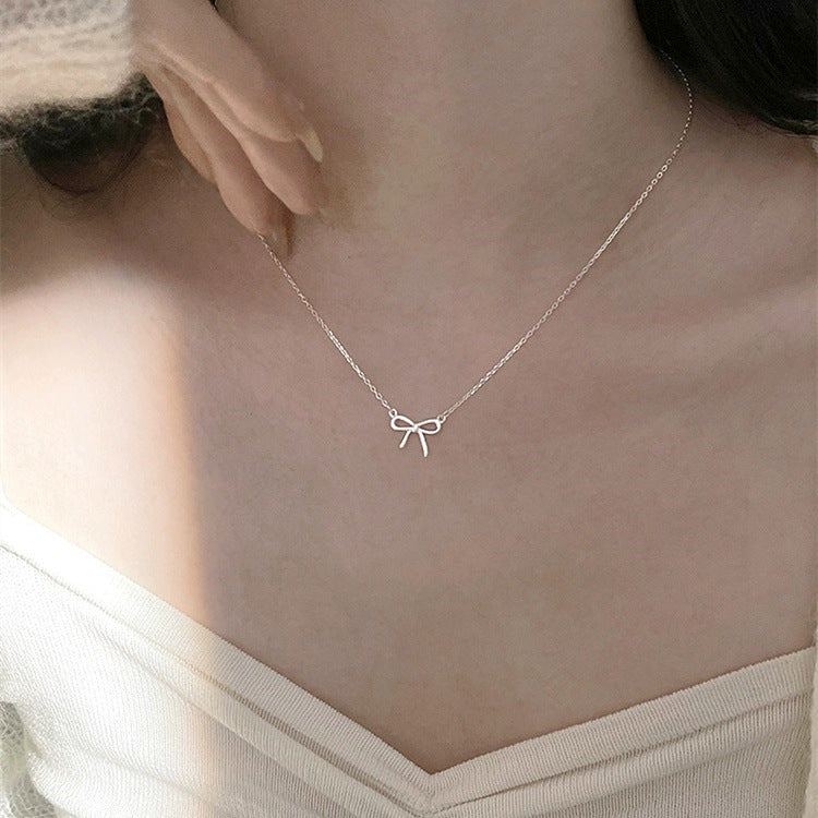 925 sterling silver bow pendant necklace - silvery
