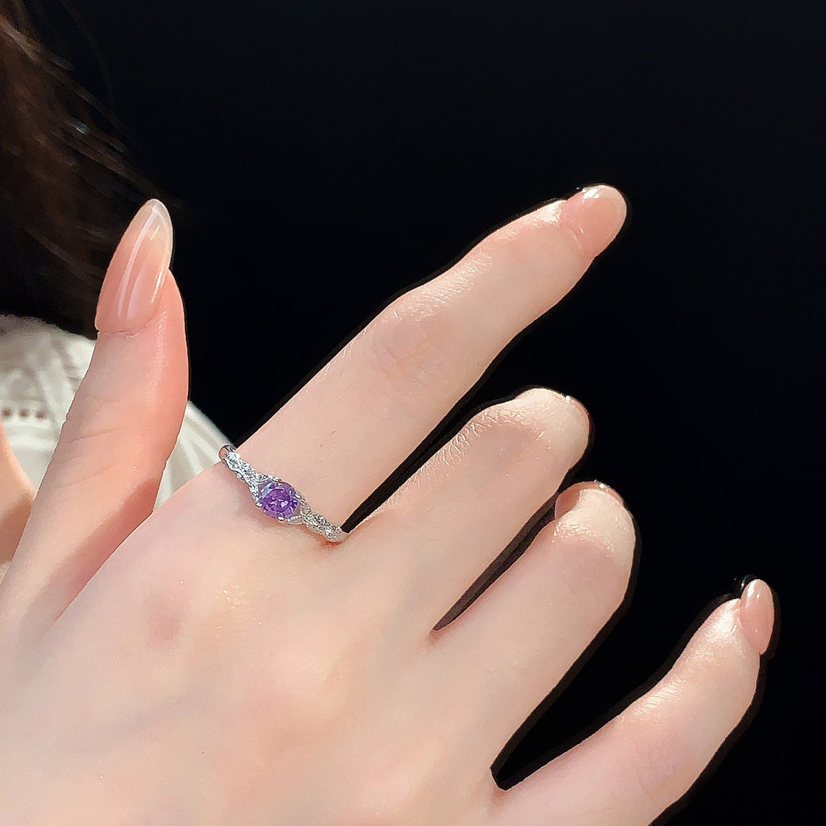 S925 Pure Silver Purple Sparkling Zirconia Ring - Silvery