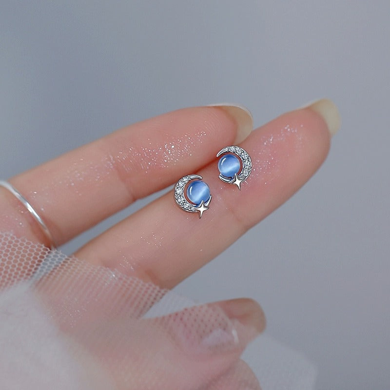 S925 sterling silver cat eye stone earrings - silvery