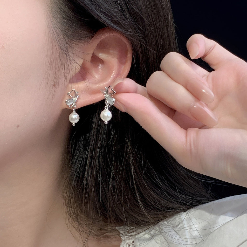S925 pure silver cute butterfly imitation pearl earrings