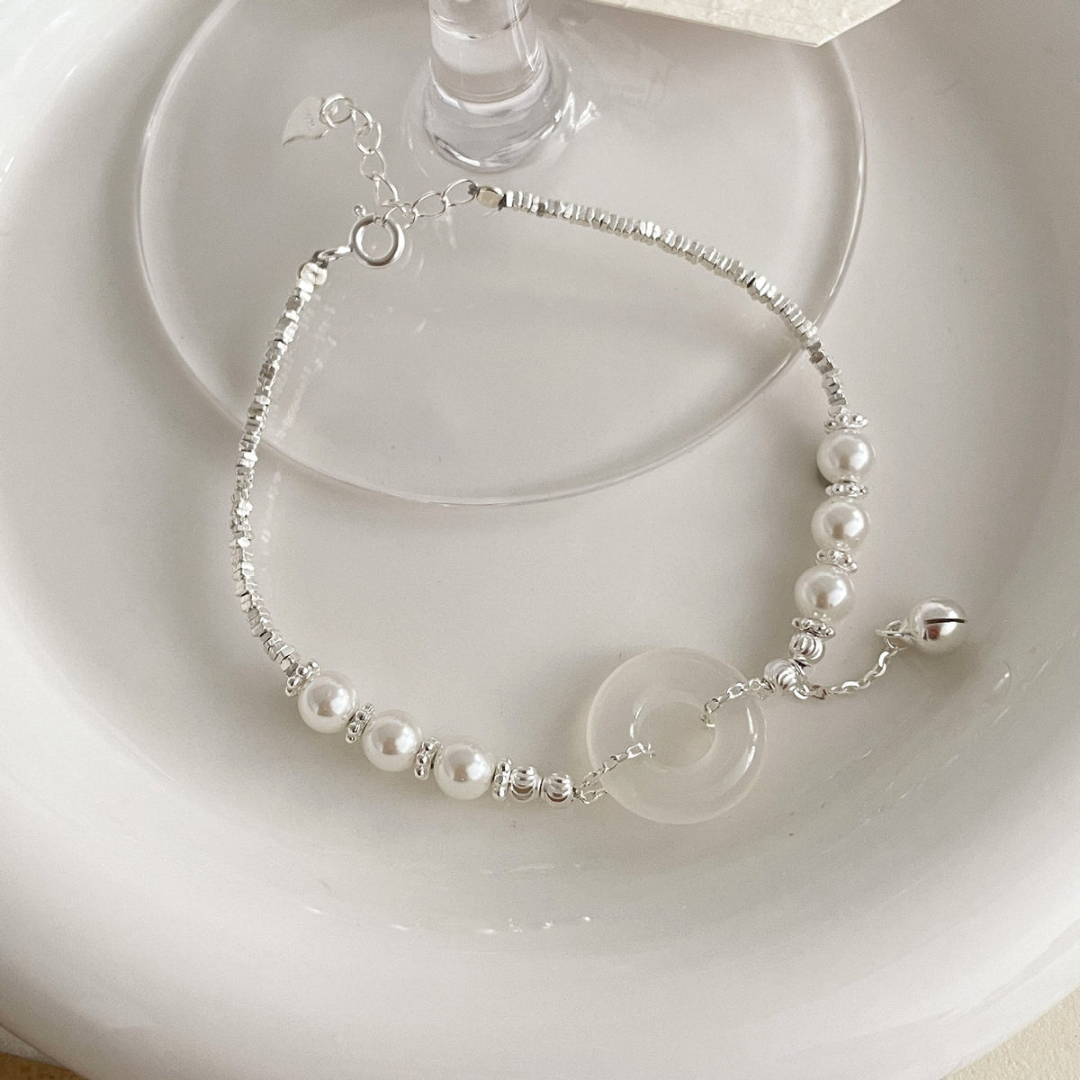 925 sterling silver white jade marrow bracelet - silvery