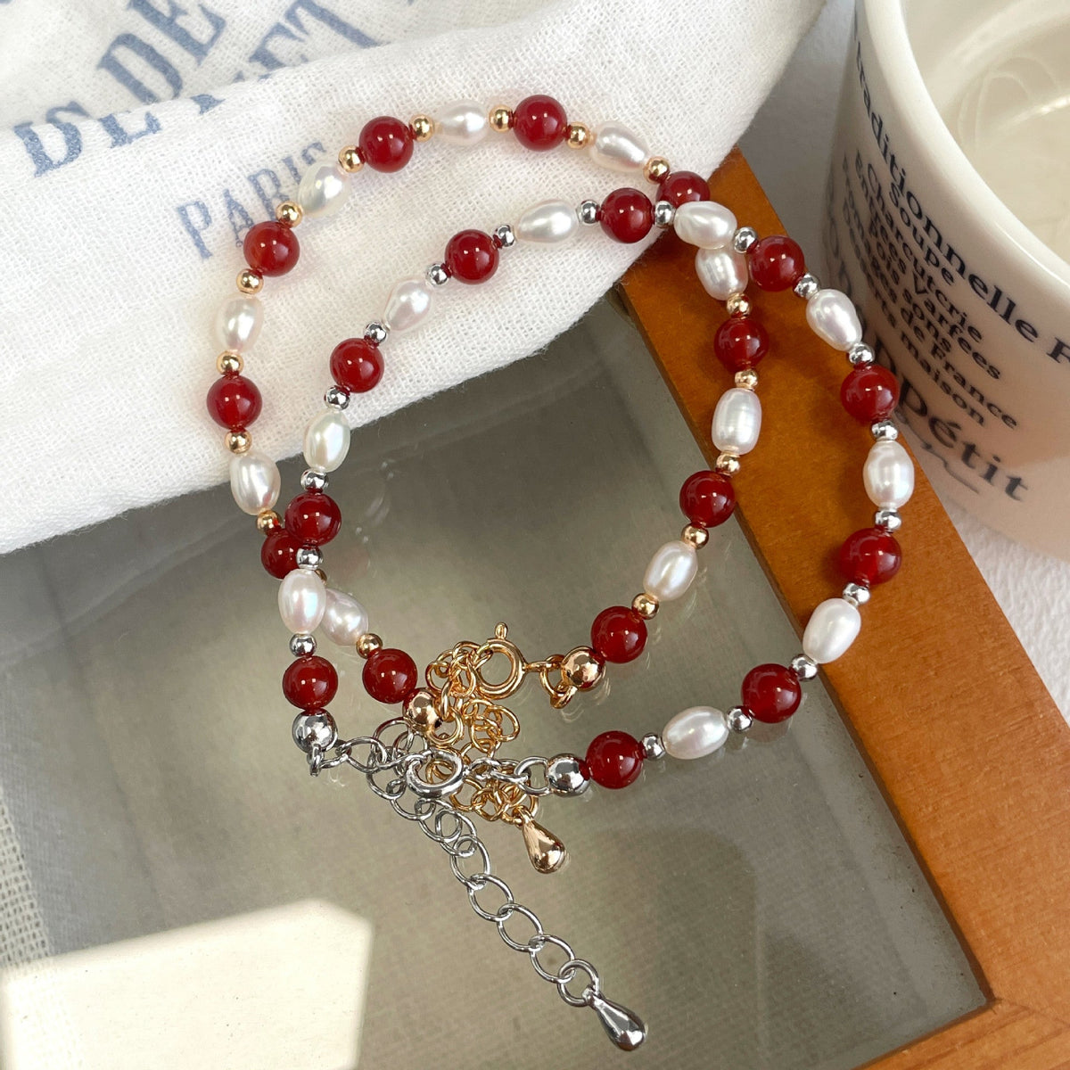 S925 sterling silver freshwater pearl red agate bead bracelet