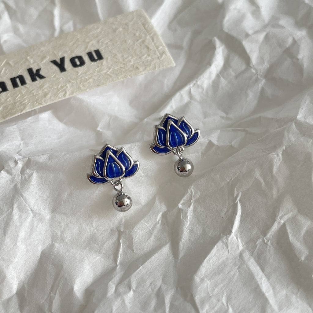 S925 sterling silver blue lotus earrings - silvery