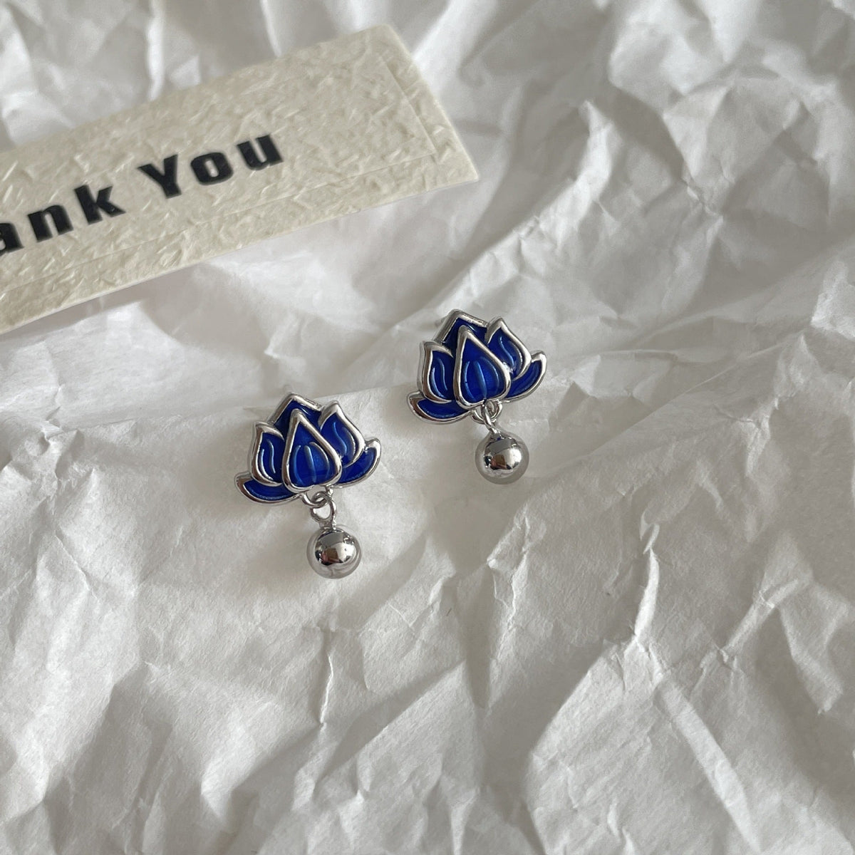 S925 sterling silver blue lotus earrings - silvery