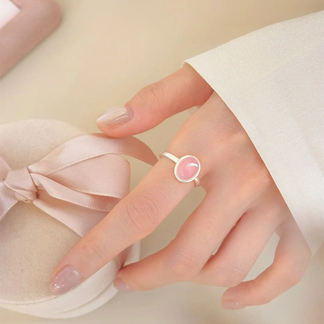 S925 sterling silver oval pink chalcedony ring - silvery